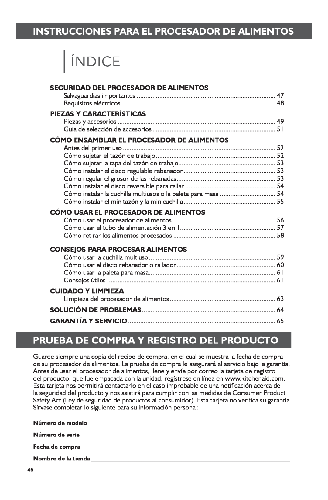 KitchenAid KFP1133 manual Índice, Prueba De Compra Y Registro Del Producto, Seguridad Del Procesador De Alimentos 