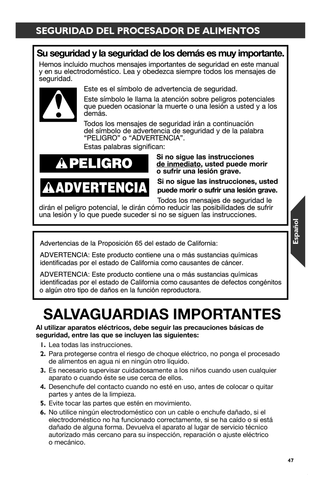 KitchenAid KFP1133 manual Salvaguardias Importantes, Seguridad Del Procesador De Alimentos, Español 