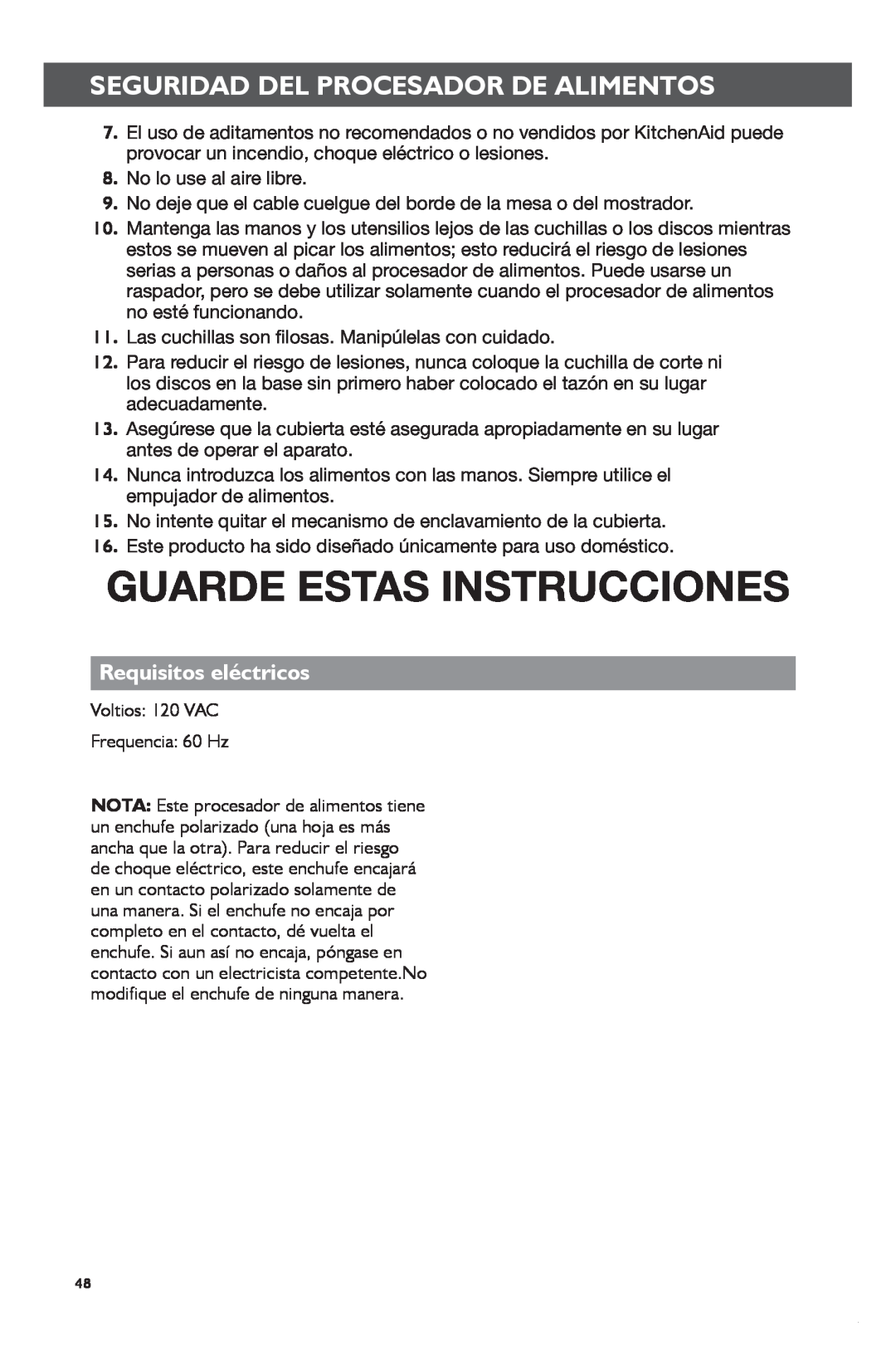KitchenAid KFP1133 manual Guarde Estas Instrucciones, Requisitos eléctricos 