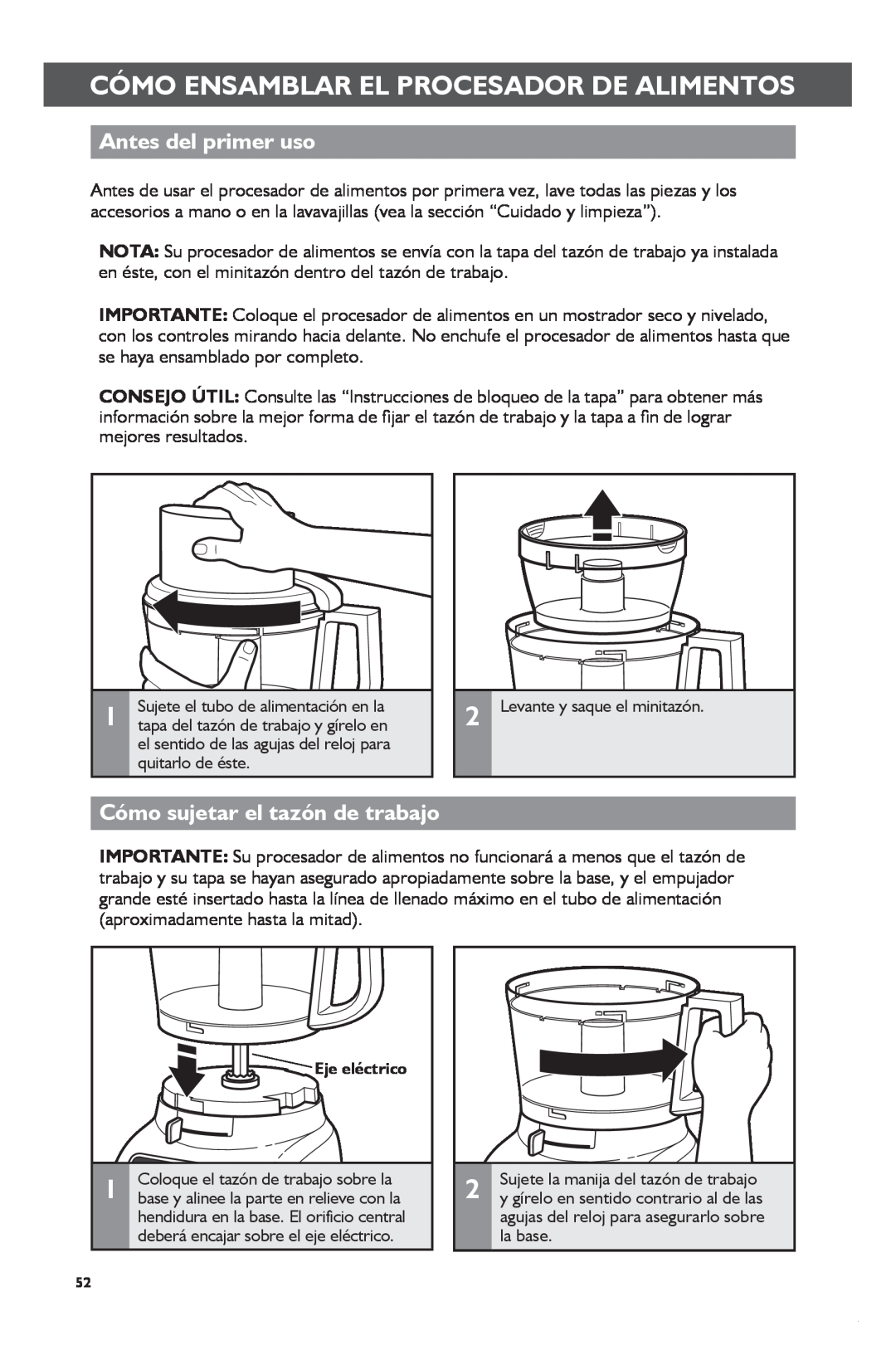 KitchenAid KFP1133 manual Antes del primer uso, Cómo sujetar el tazón de trabajo 