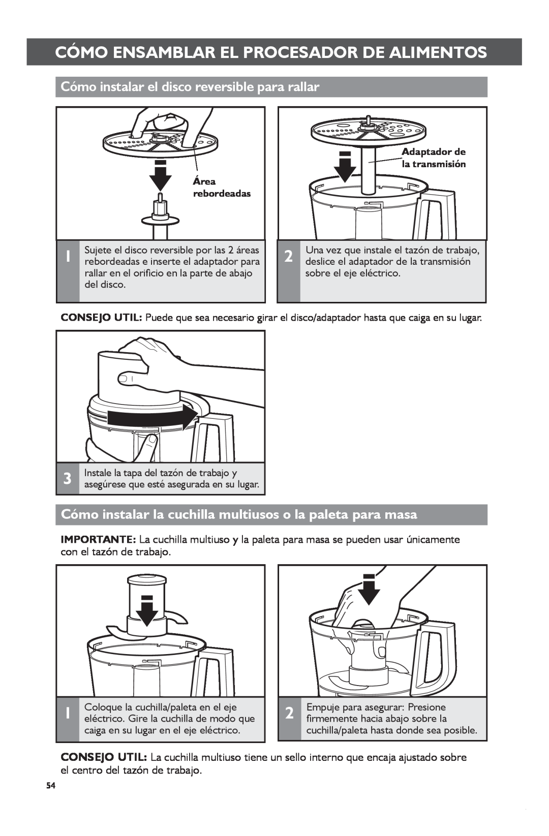 KitchenAid KFP1133 manual Cómo instalar el disco reversible para rallar, Área rebordeadas 