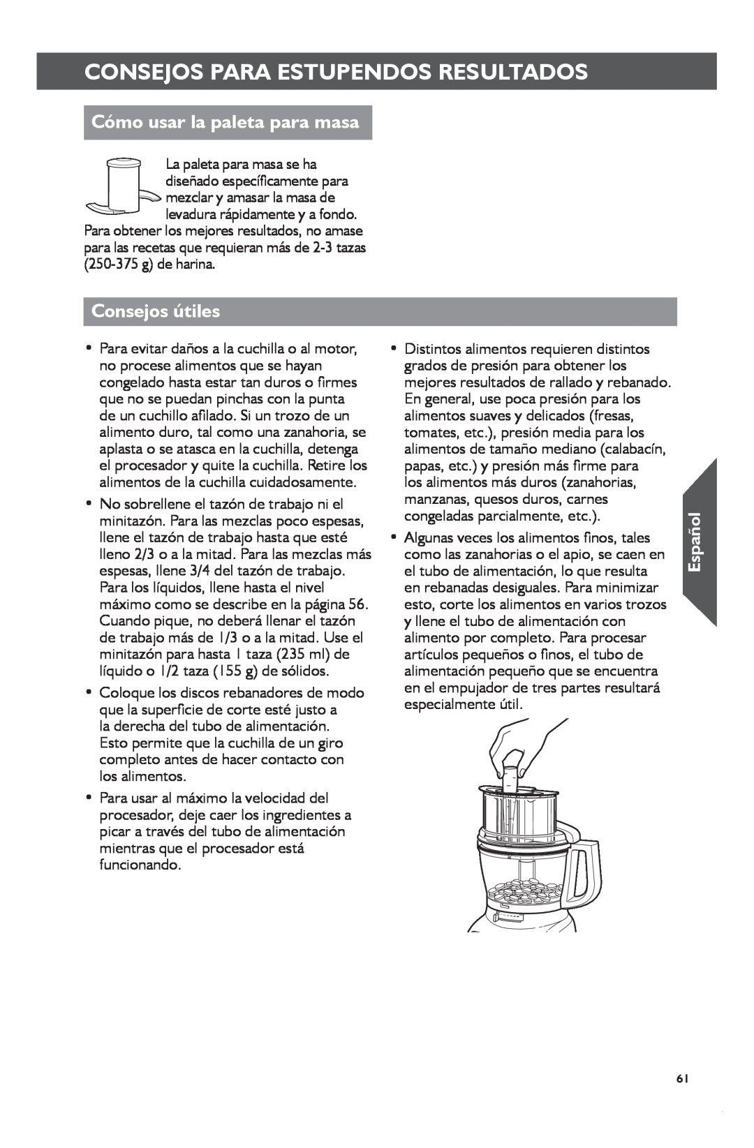 KitchenAid KFP1133 manual Cómo usar la paleta para masa, Consejos útiles, Consejos Para Estupendos Resultados, Español 