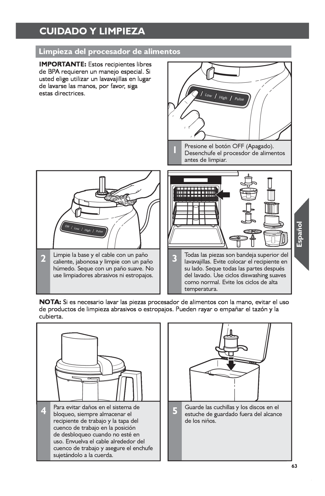 KitchenAid KFP1133 manual Cuidado Y Limpieza, Limpieza del procesador de alimentos, Español 