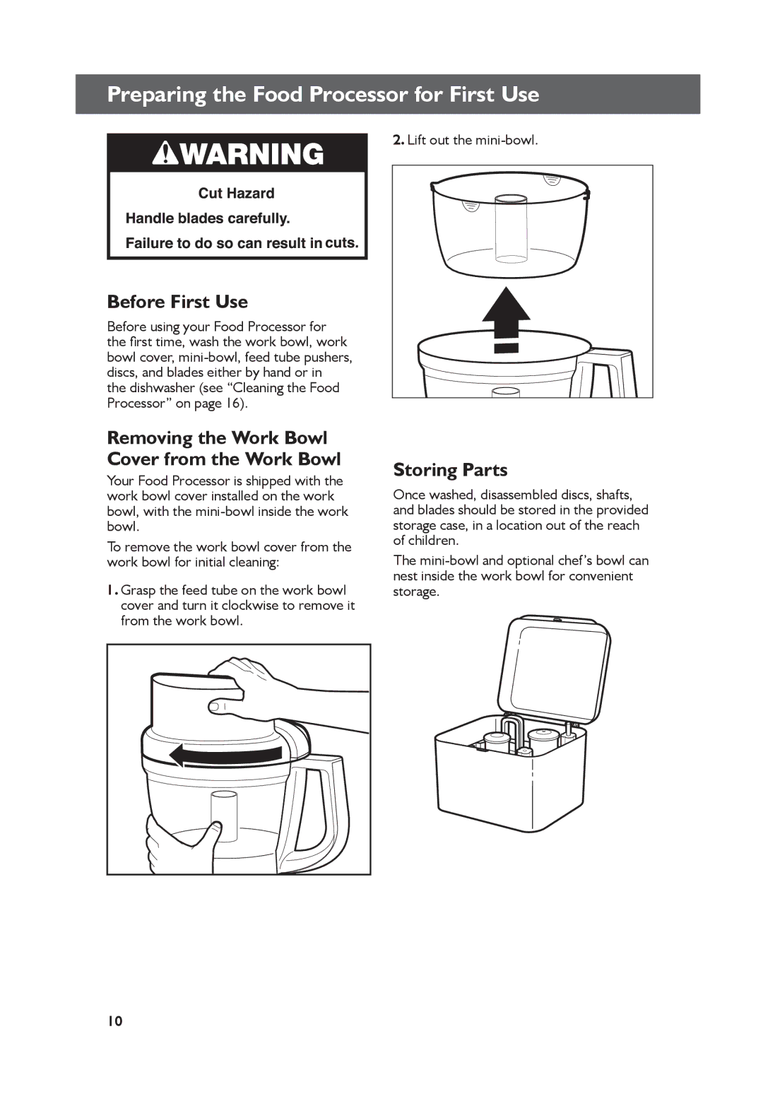 KitchenAid KFP1333, KFP1344 manual Preparing the Food Processor for First Use, Before First Use, Storing Parts 