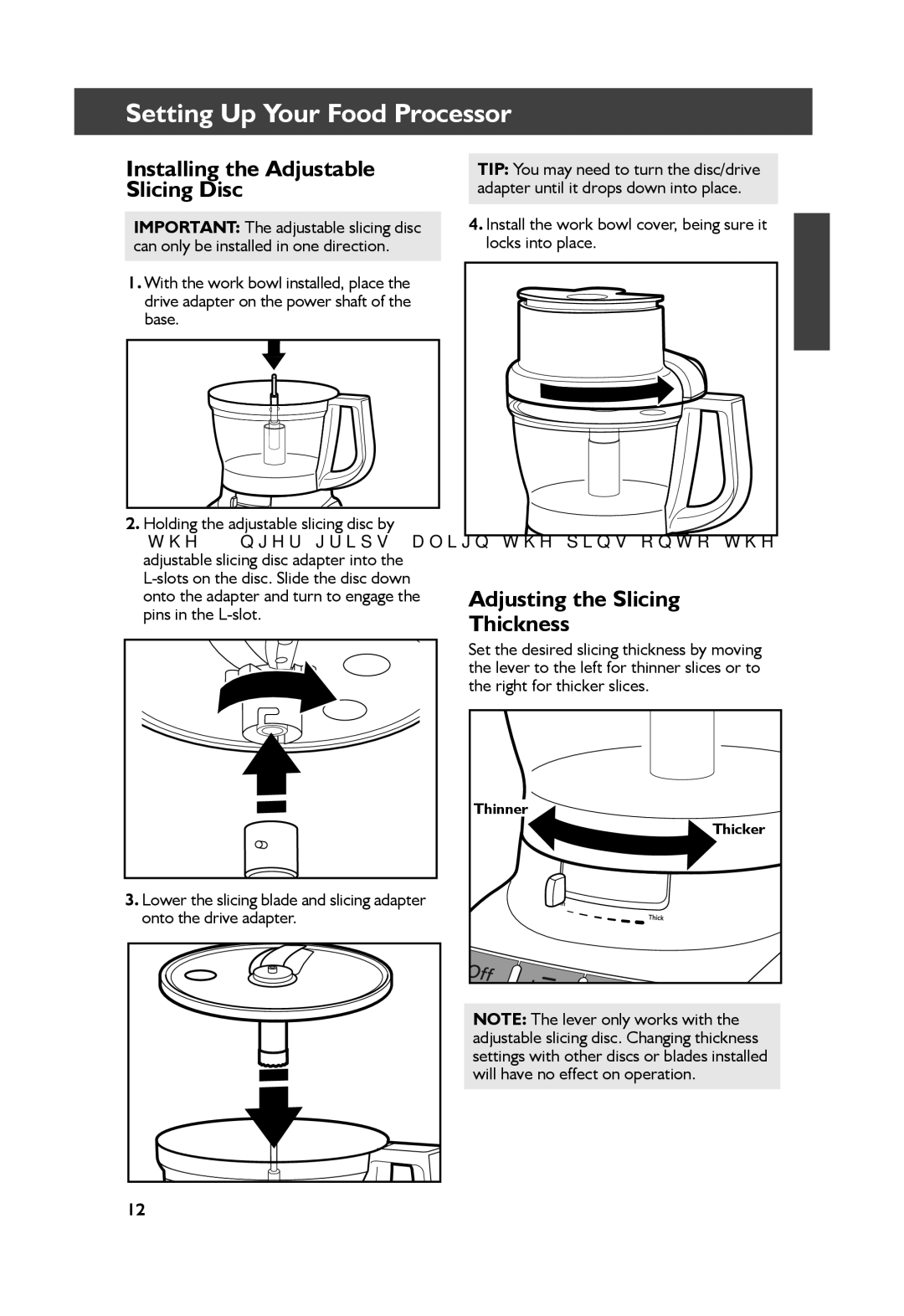 KitchenAid KFP1333, KFP1344 manual Installing the Adjustable Slicing Disc, Adjusting the Slicing Thickness 