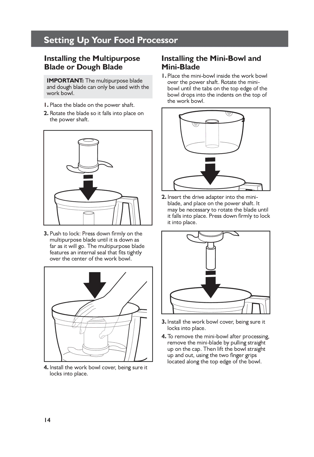 KitchenAid KFP1333, KFP1344 manual Installing the Mini-Bowl and Mini-Blade, Installing the Multipurpose Blade or Dough Blade 