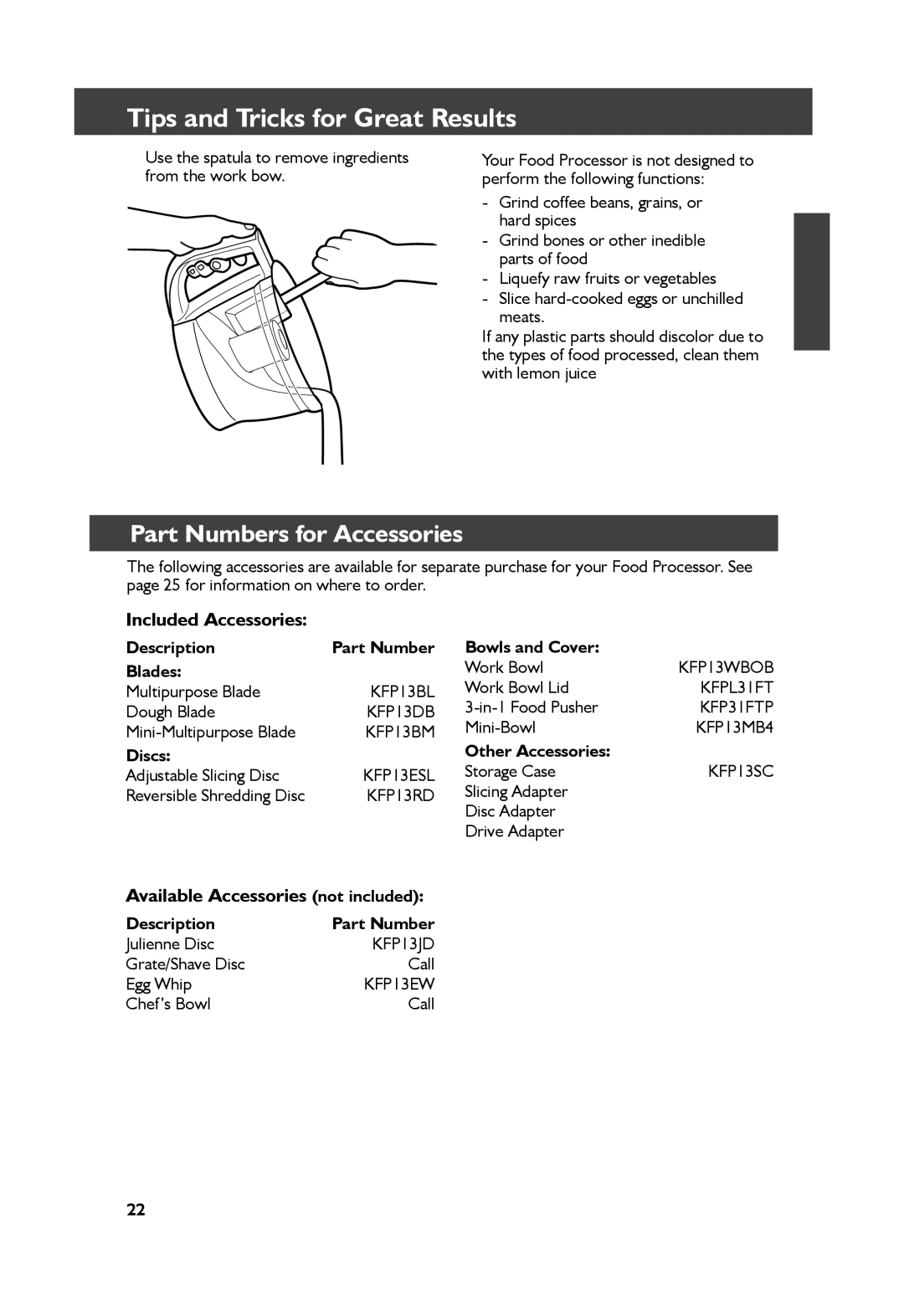 KitchenAid KFP1333, KFP1344 manual Tips and Tricks for Great Results, Description Part Number Bowls and Cover Blades 