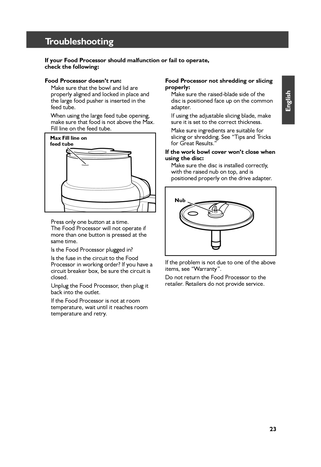 KitchenAid KFP1344, KFP1333 manual Troubleshooting, Food Processor not shredding or slicing properly 