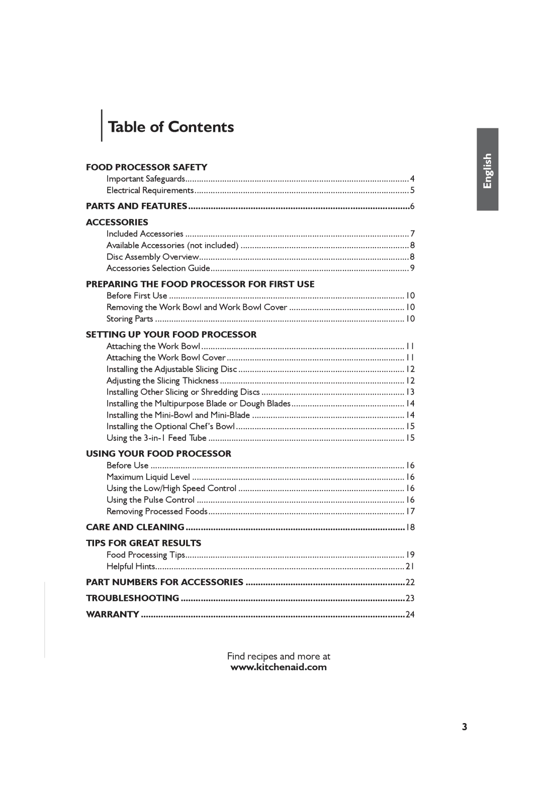 KitchenAid KFP1344, KFP1333 manual Table of Contents 