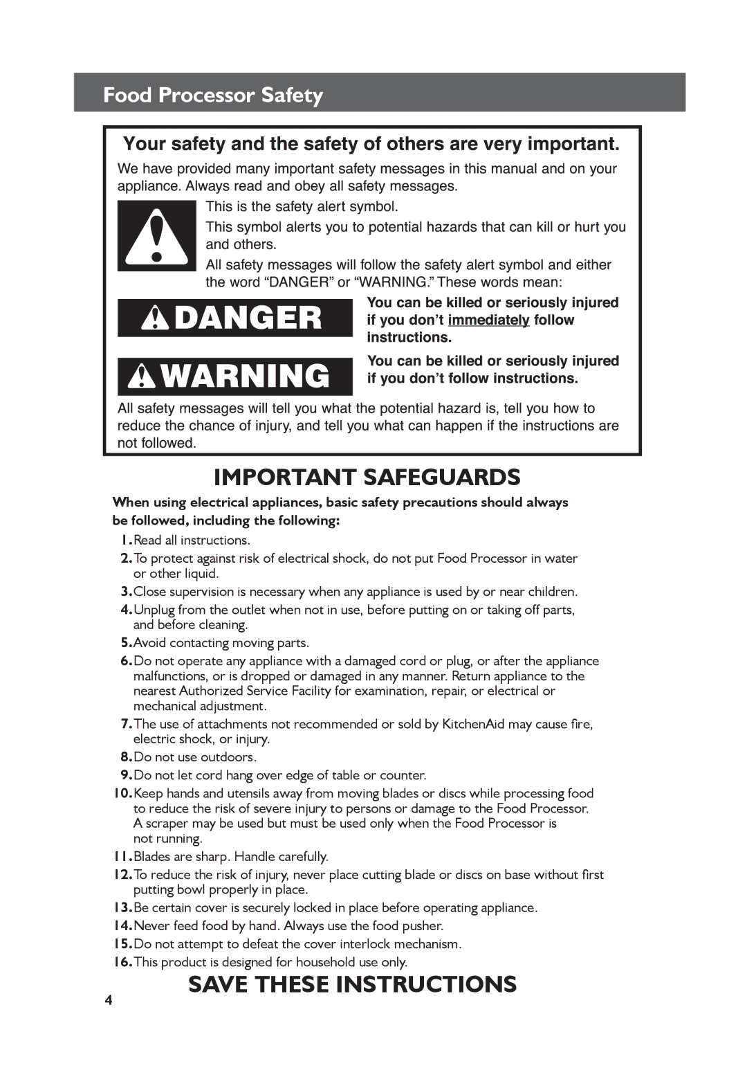 KitchenAid KFP1333, KFP1344 manual Important Safeguards, Food Processor Safety 