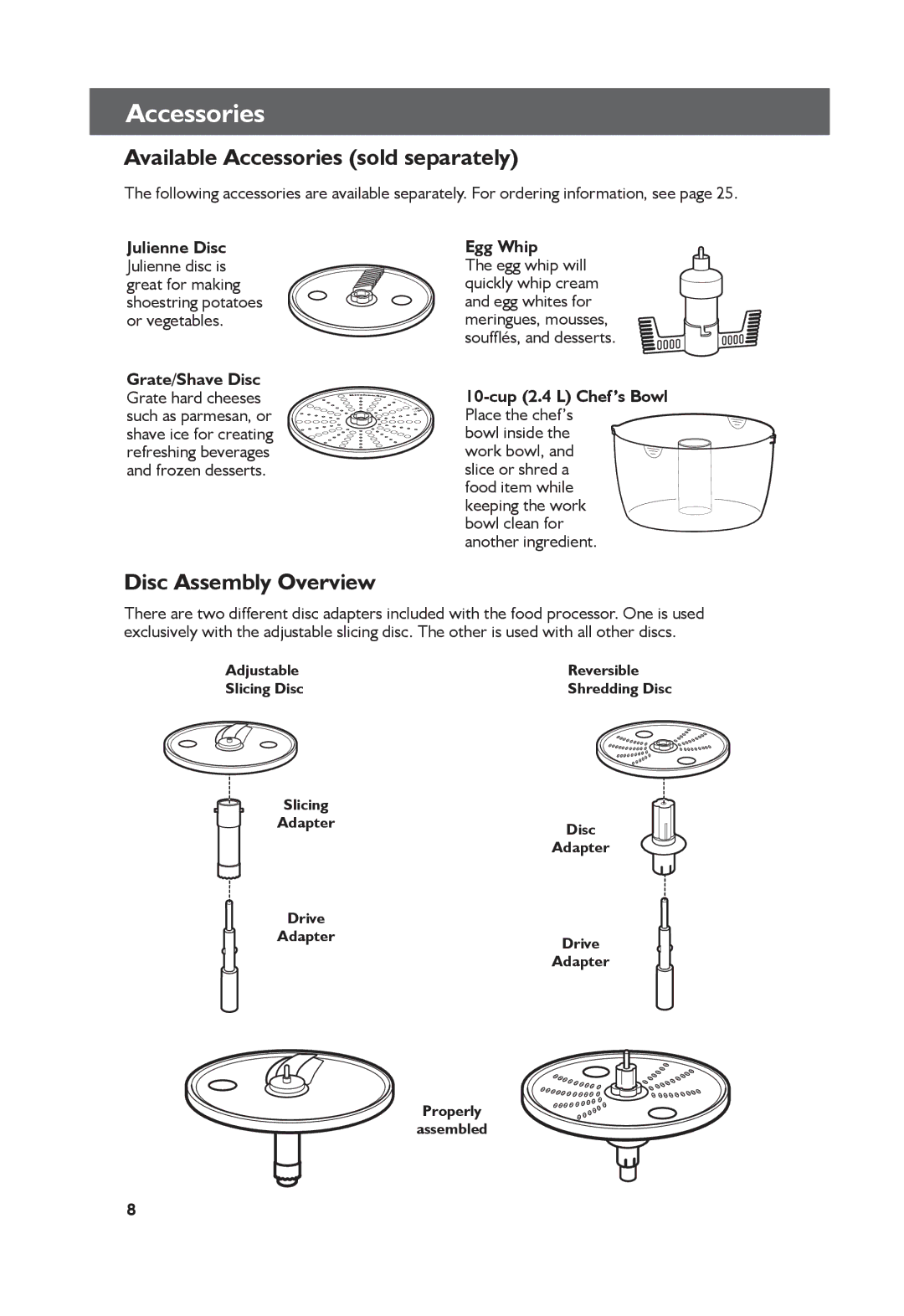 KitchenAid KFP1333, KFP1344 manual Available Accessories sold separately, Disc Assembly Overview 