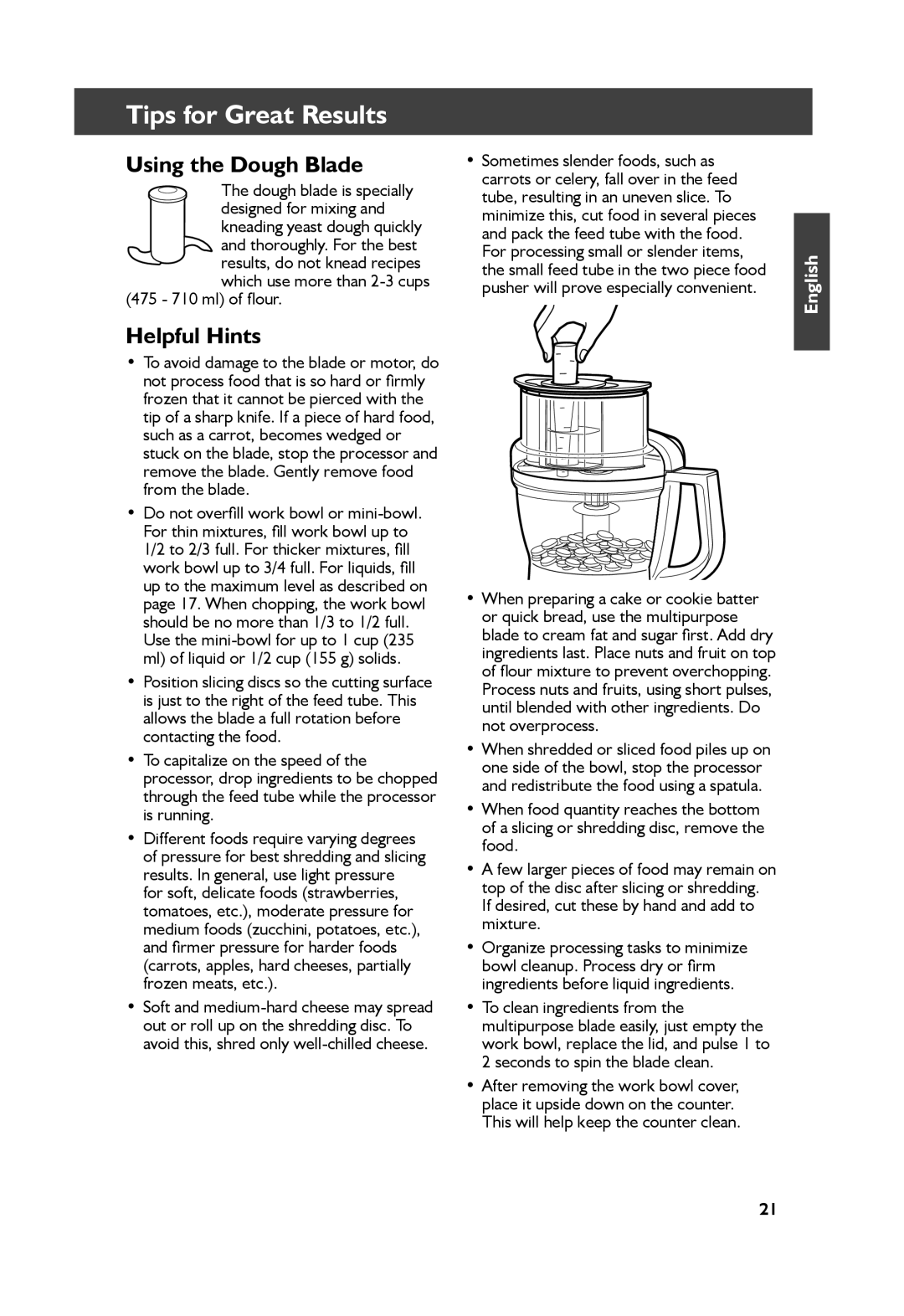 KitchenAid KFP1344, KFP1333 manual Using the Dough Blade, Helpful Hints, Tips for Great Results, English 