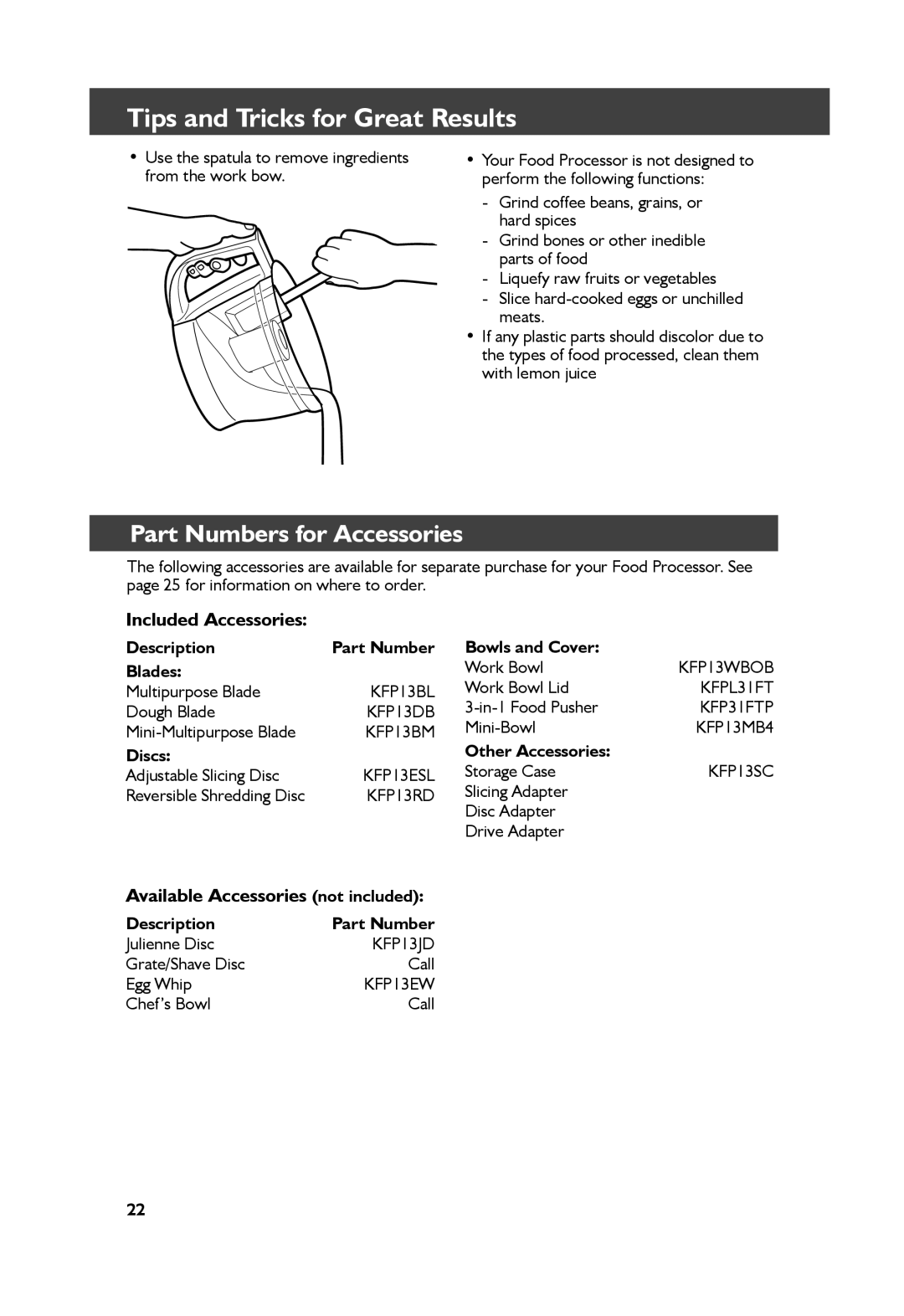 KitchenAid KFP1333 Tips and Tricks for Great Results, Part Numbers for Accessories, Included Accessories, Description 