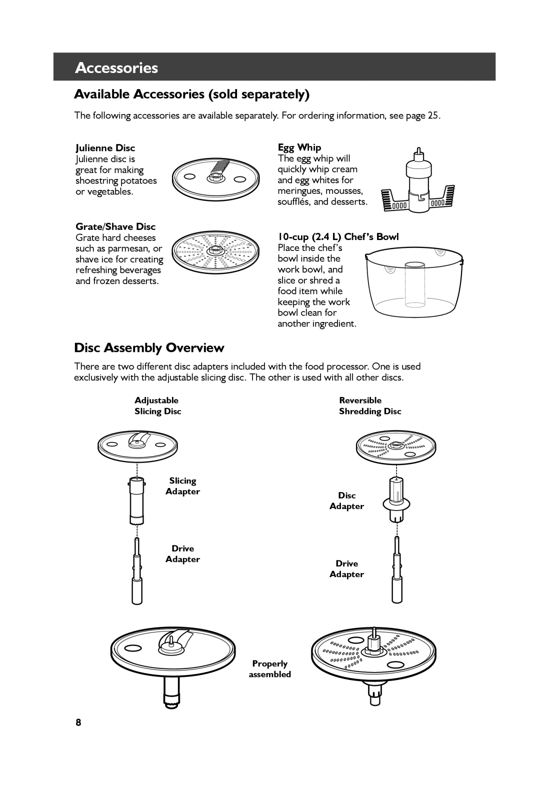 KitchenAid KFP1333, KFP1344 Available Accessories sold separately, Disc Assembly Overview, Grate/Shave Disc, Egg Whip 