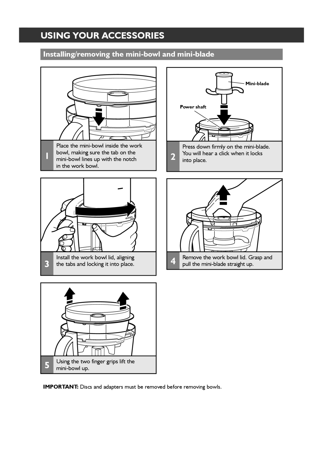 KitchenAid KFP1642 manual Installing/removing the mini-bowl and mini-blade, Mini-bowl up 