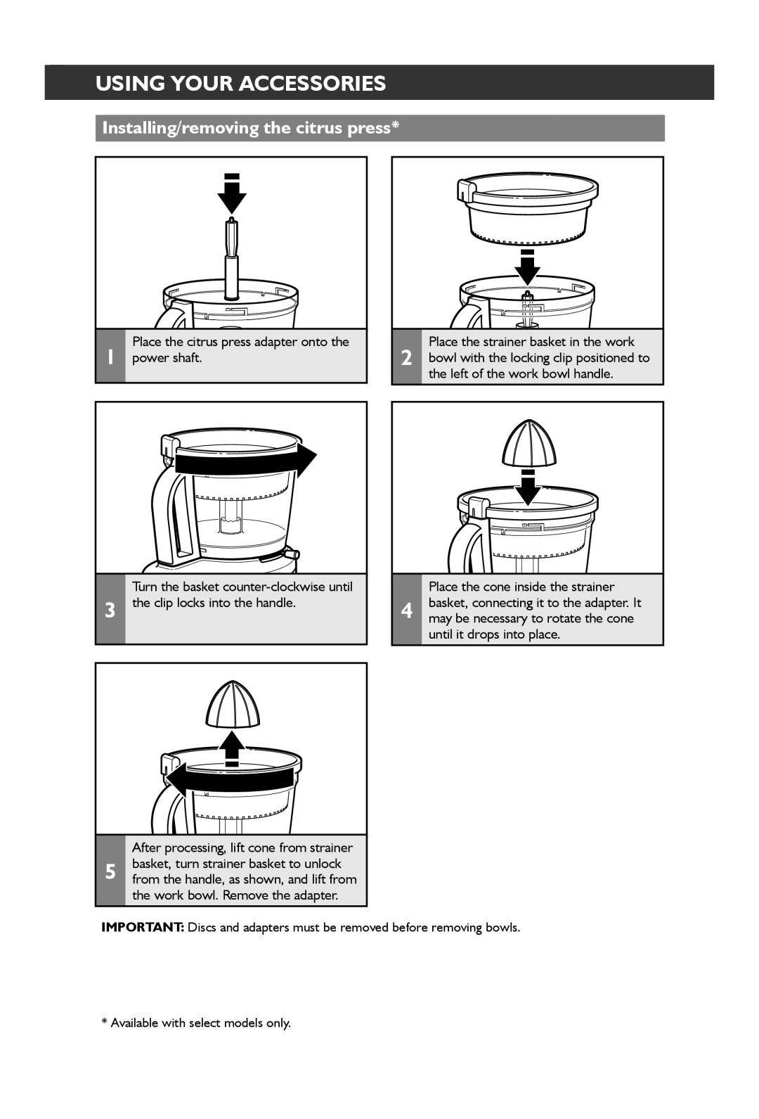 KitchenAid KFP1642 manual Installing/removing the citrus press, Left of the work bowl handle, Until it drops into place 