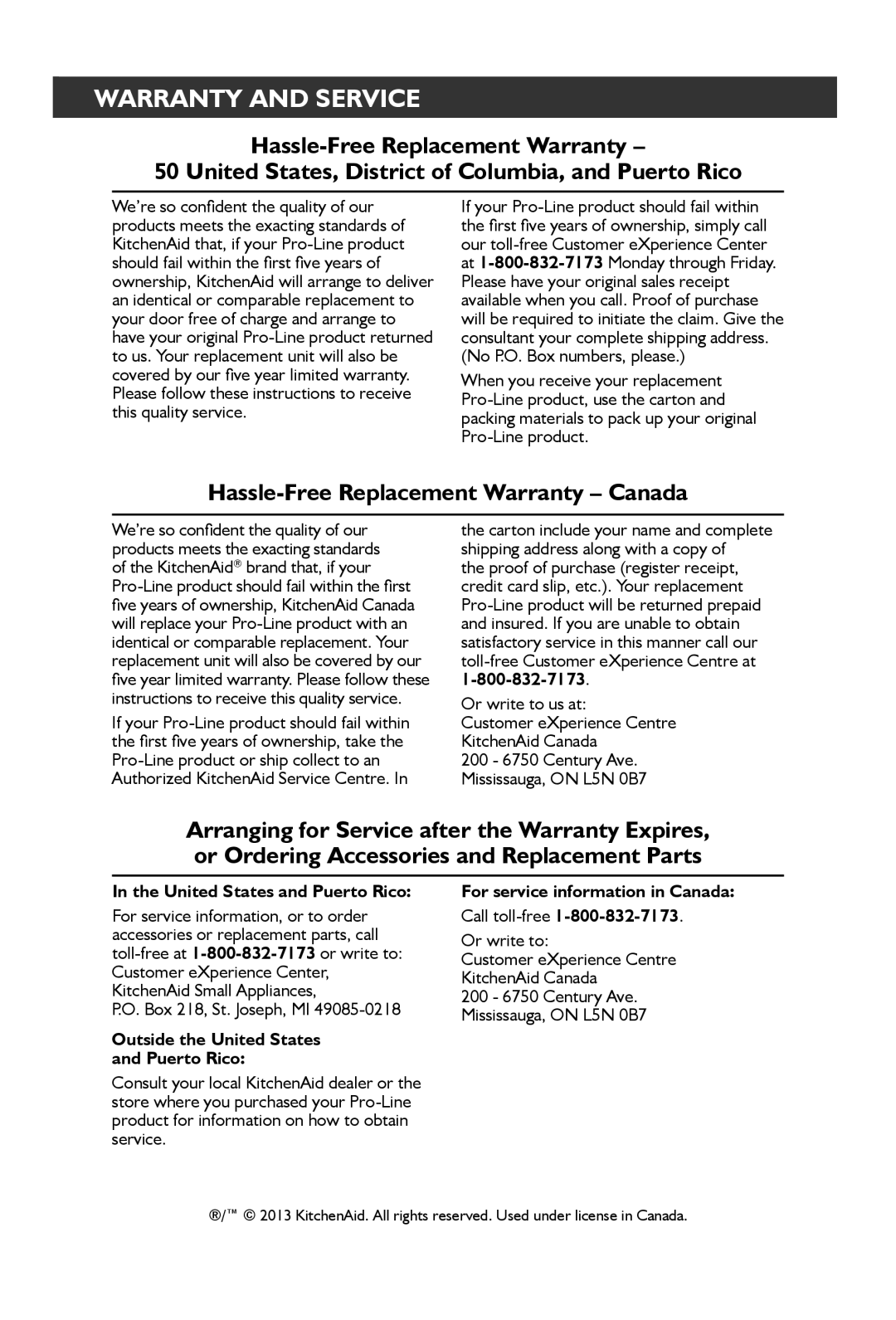 KitchenAid KFP1642 manual Box 218, St. Joseph, MI, Outside the United States and Puerto Rico 