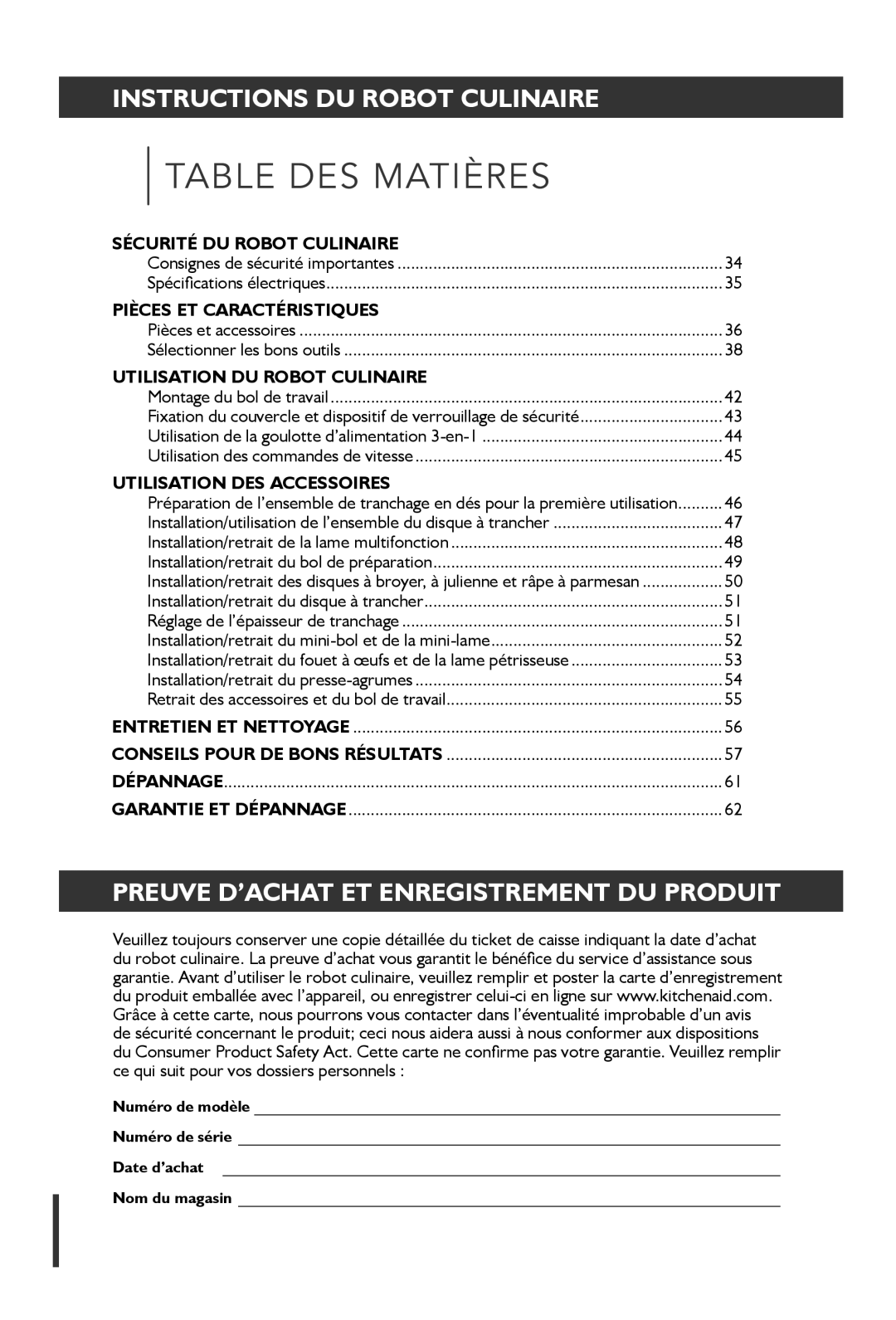 KitchenAid KFP1642 manual Instructions DU Robot Culinaire, Preuve D’ACHAT ET Enregistrement DU Produit 