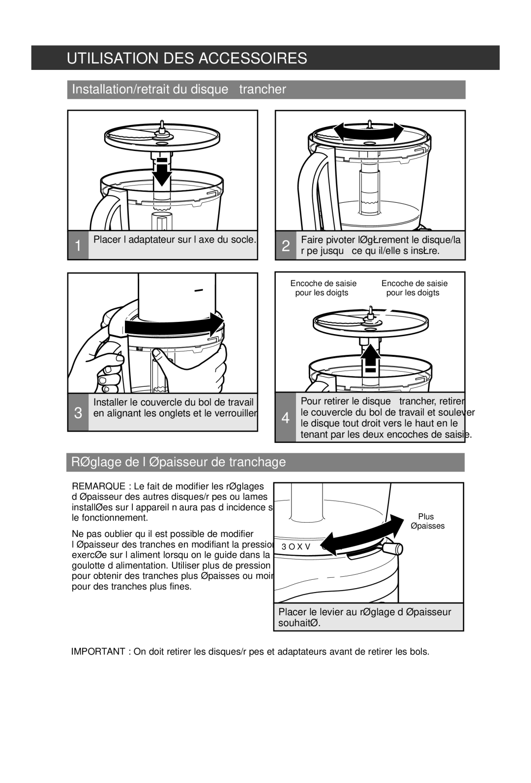 KitchenAid KFP1642 manual Installation/retrait du disque à trancher, Réglage de l’épaisseur de tranchage 