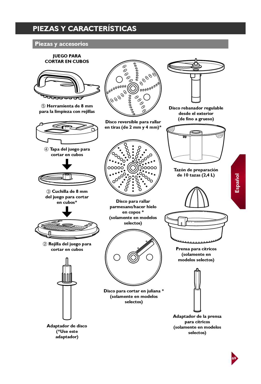 KitchenAid KFP1642 manual En cubos, Tazón de preparación De 10 tazas 2,4 L 