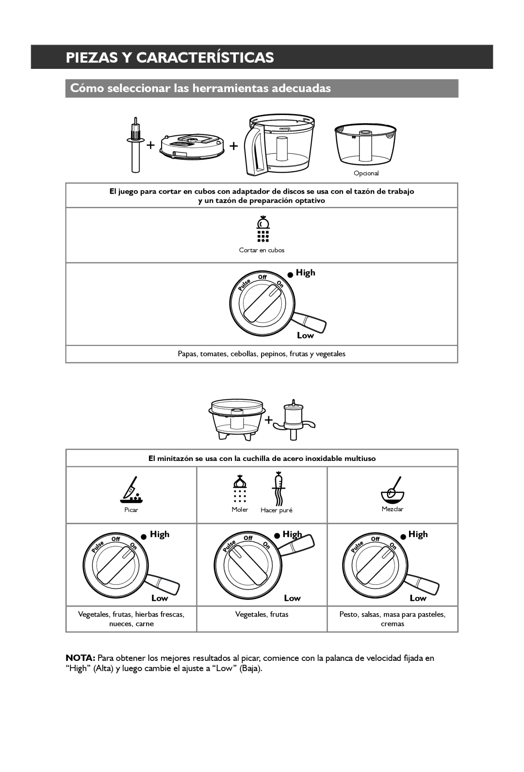 KitchenAid KFP1642 manual Cómo seleccionar las herramientas adecuadas, High Low 