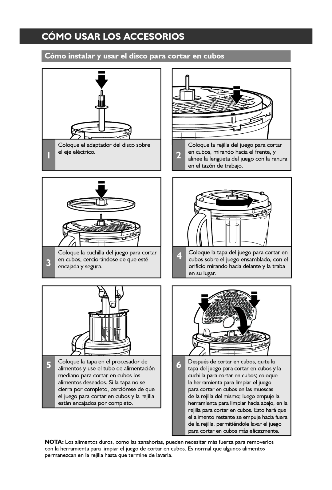 KitchenAid KFP1642 manual Cómo instalar y usar el disco para cortar en cubos 