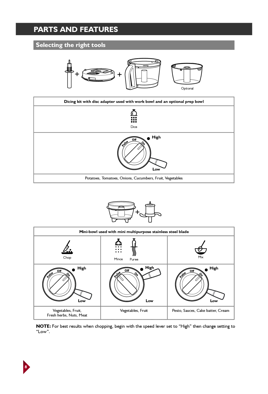 KitchenAid KFP1642 manual Selecting the right tools 