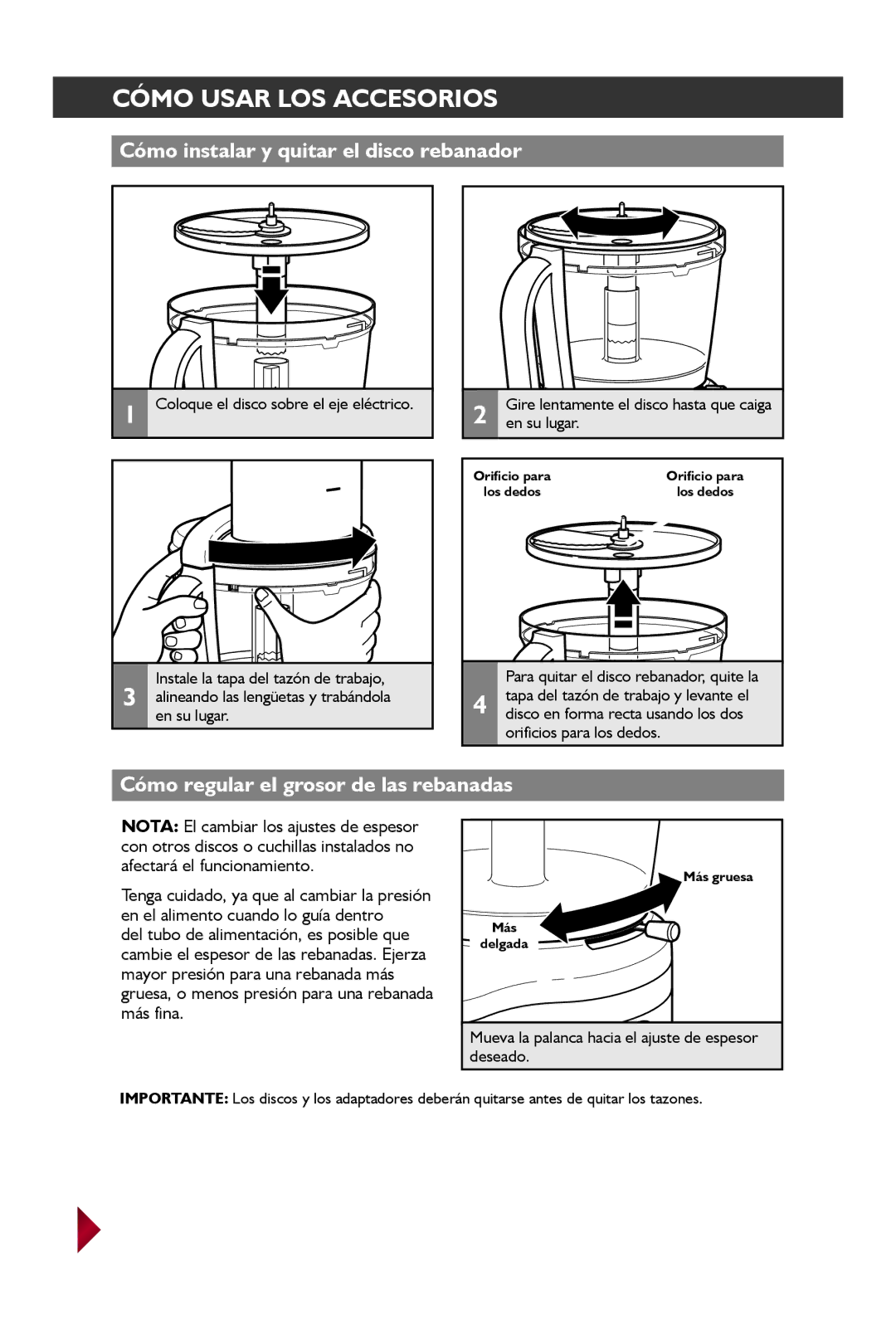 KitchenAid KFP1642 manual Cómo instalar y quitar el disco rebanador, Cómo regular el grosor de las rebanadas, En su lugar 