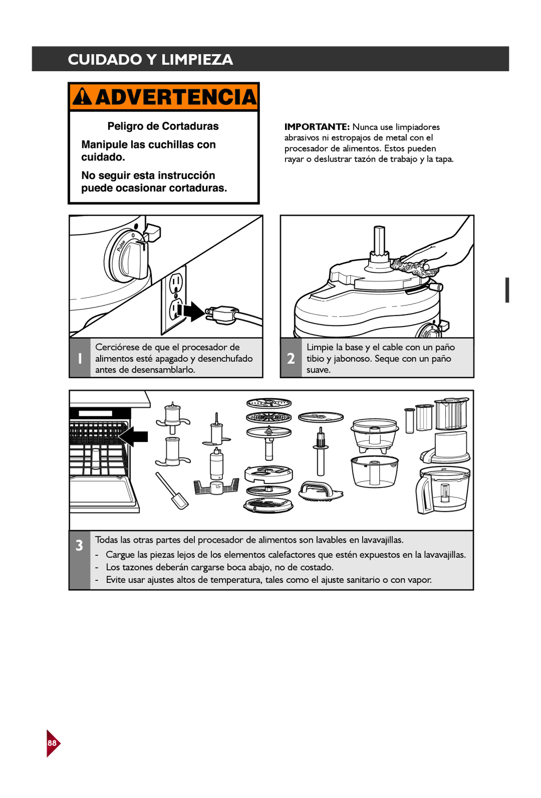 KitchenAid KFP1642 manual Cuidado Y Limpieza, Los tazones deberán cargarse boca abajo, no de costado 