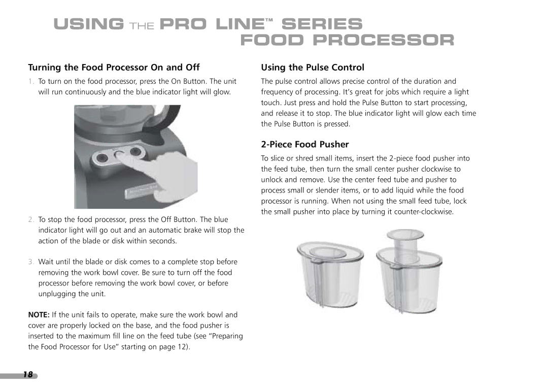 KitchenAid KFP1642CA, KPFP850 manual Turning the Food Processor On and Off, Using the Pulse Control, Piece Food Pusher 