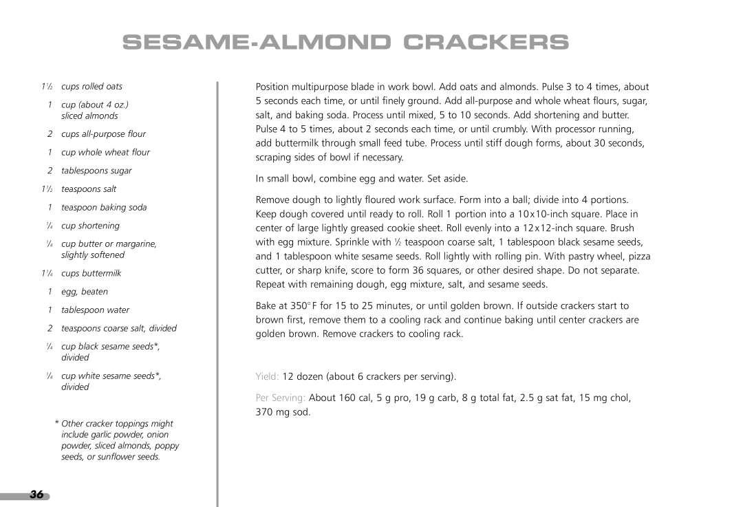 KitchenAid KFP1642CA, KPFP850 manual SESAME-ALMOND Crackers 