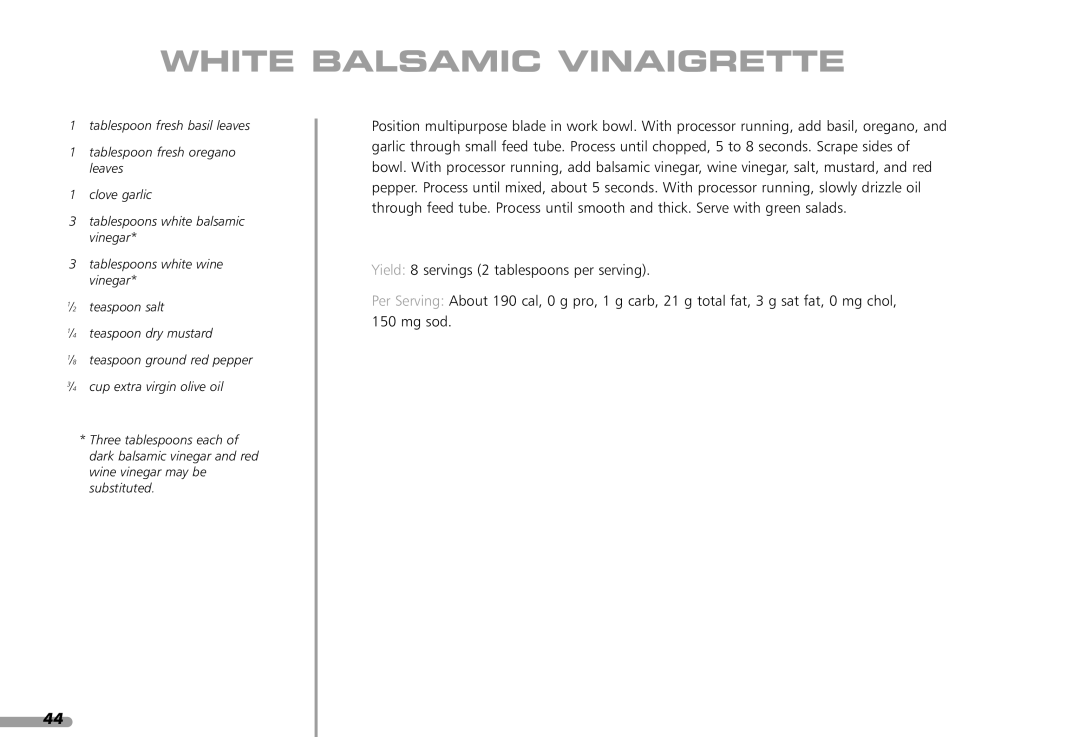 KitchenAid KFP1642CA, KPFP850 manual White Balsamic Vinaigrette 