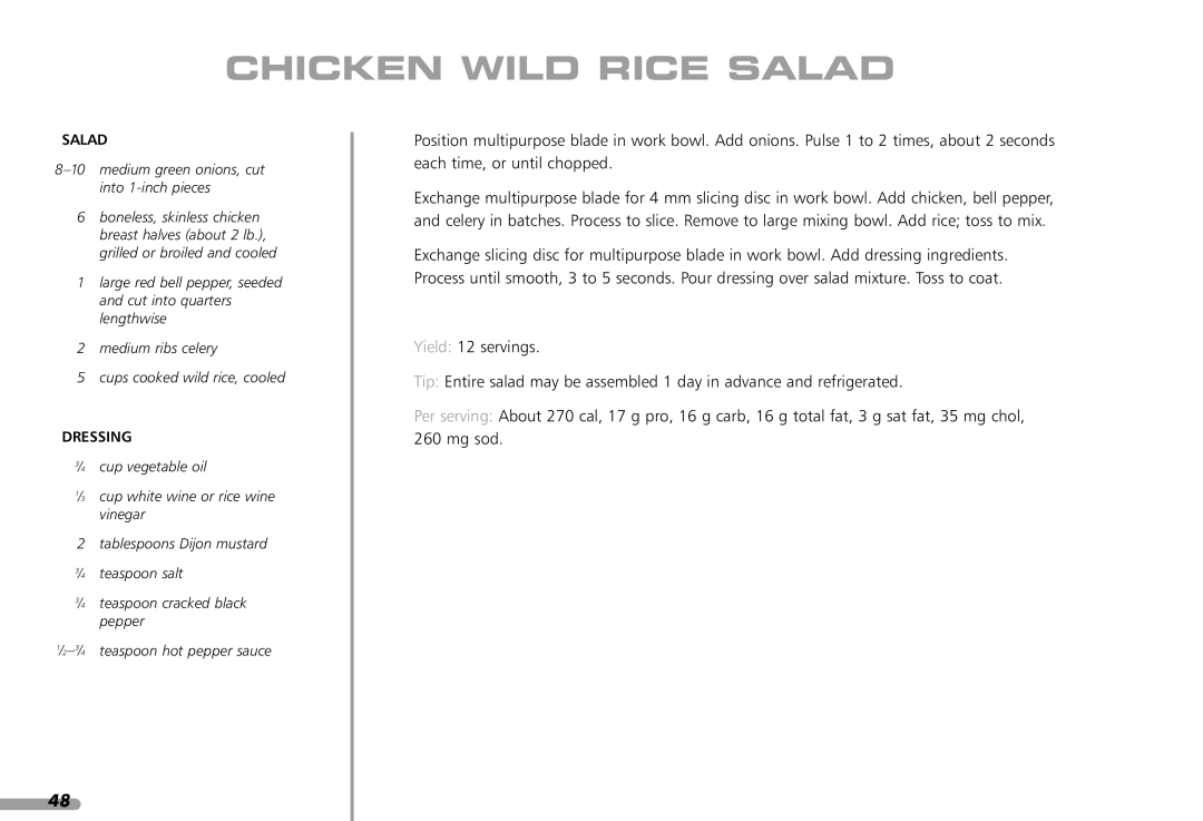 KitchenAid KFP1642CA, KPFP850 manual Chicken Wild Rice Salad 