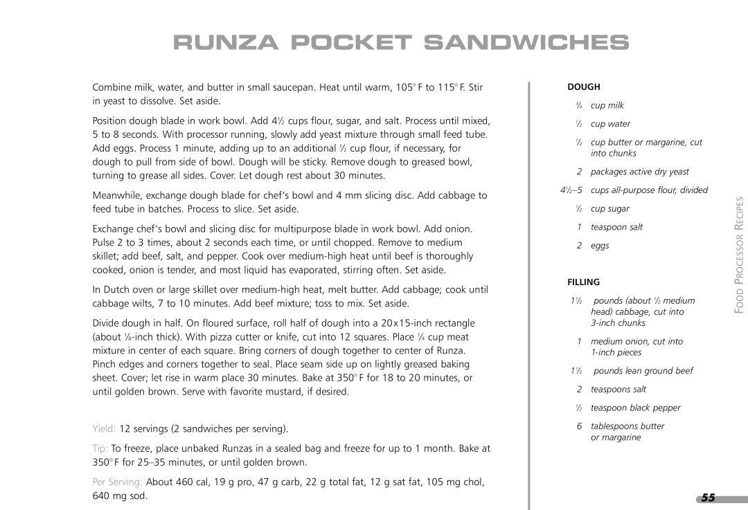 KitchenAid KPFP850, KFP1642CA manual Runza Pocket Sandwiches, Dough, Filling 