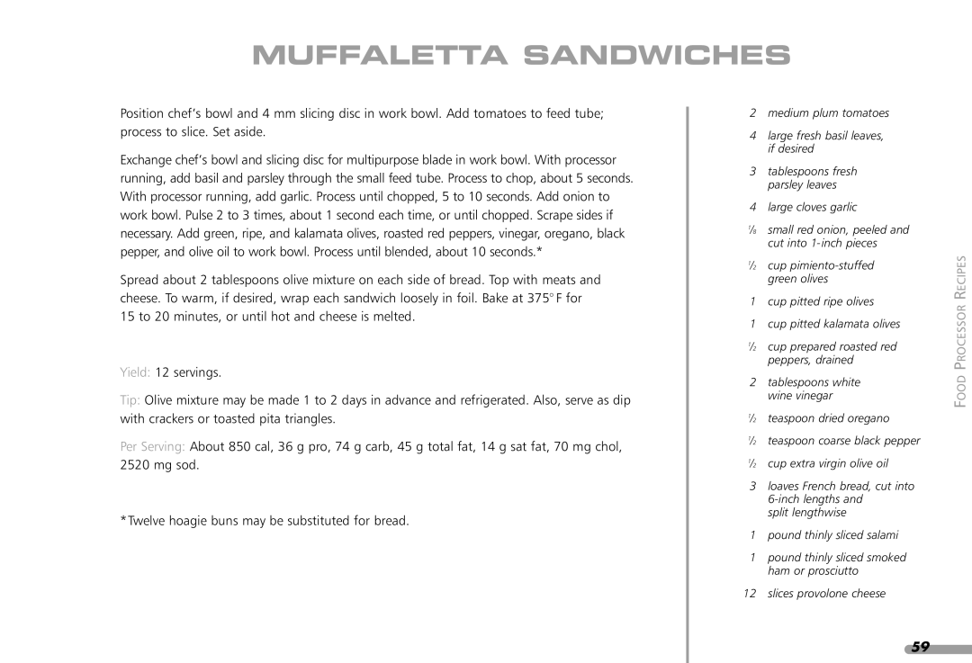 KitchenAid KPFP850, KFP1642CA manual Muffaletta Sandwiches 