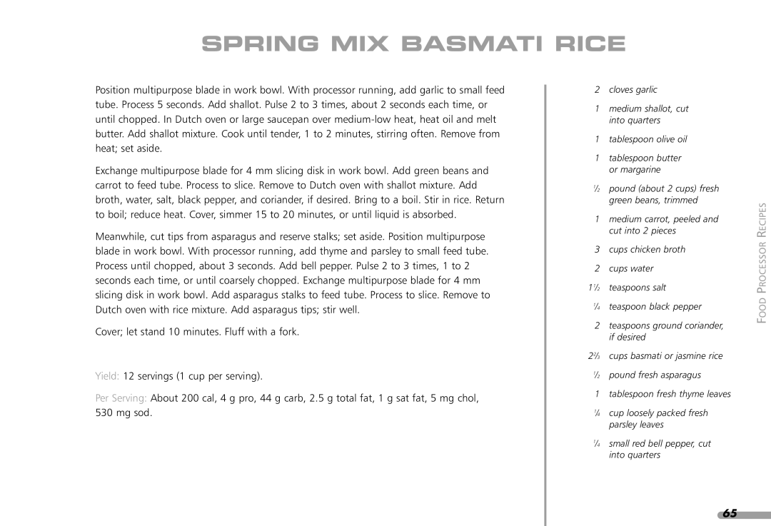 KitchenAid KPFP850, KFP1642CA manual Spring MIX Basmati Rice 