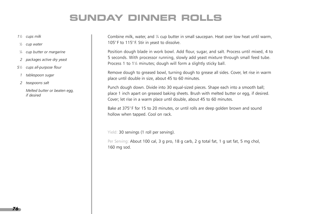 KitchenAid KFP1642CA, KPFP850 manual Sunday Dinner Rolls 