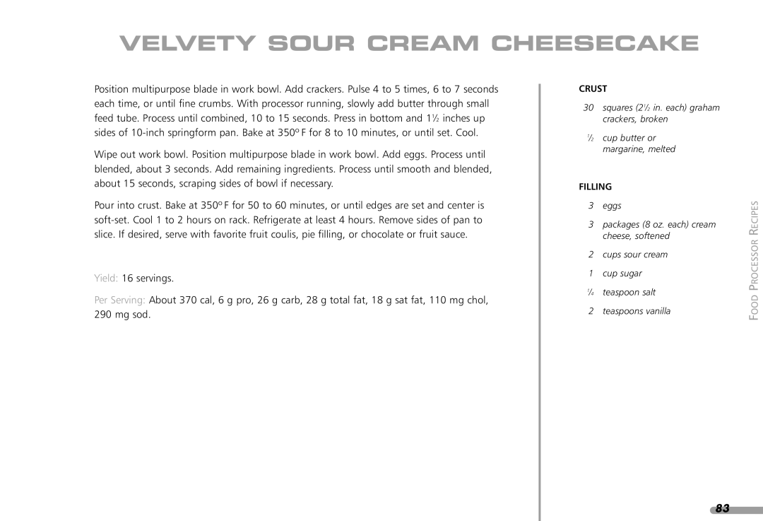 KitchenAid KPFP850, KFP1642CA manual Velvety Sour Cream Cheesecake, Crust 