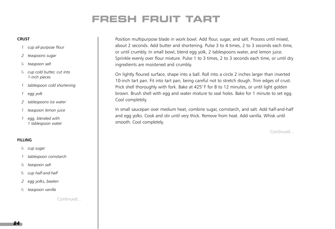 KitchenAid KFP1642CA, KPFP850 manual Fresh Fruit Tart 