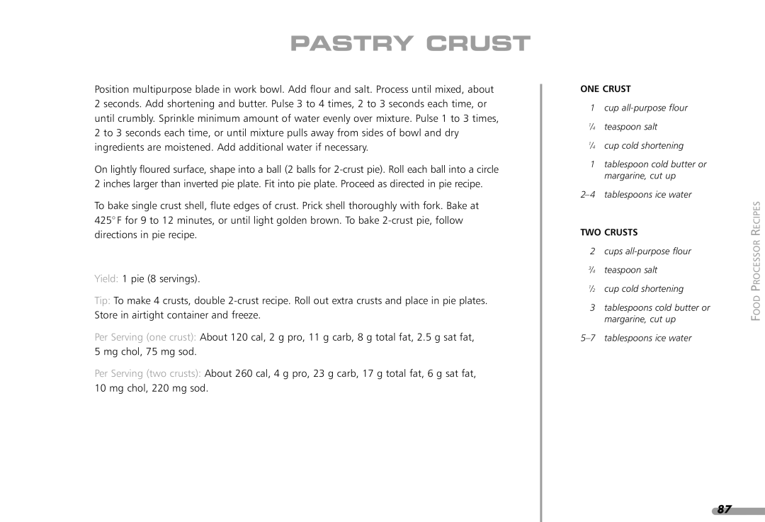 KitchenAid KPFP850, KFP1642CA manual Pastry Crust, ONE Crust, TWO Crusts 