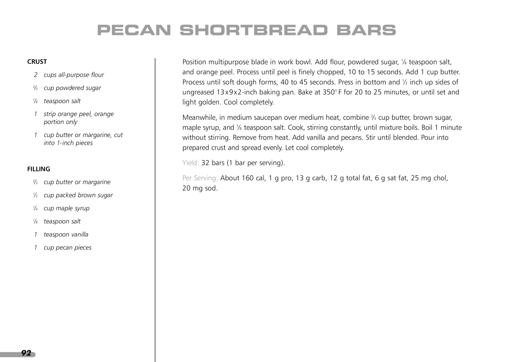 KitchenAid KFP1642CA, KPFP850 manual Pecan Shortbread Bars, Crust 