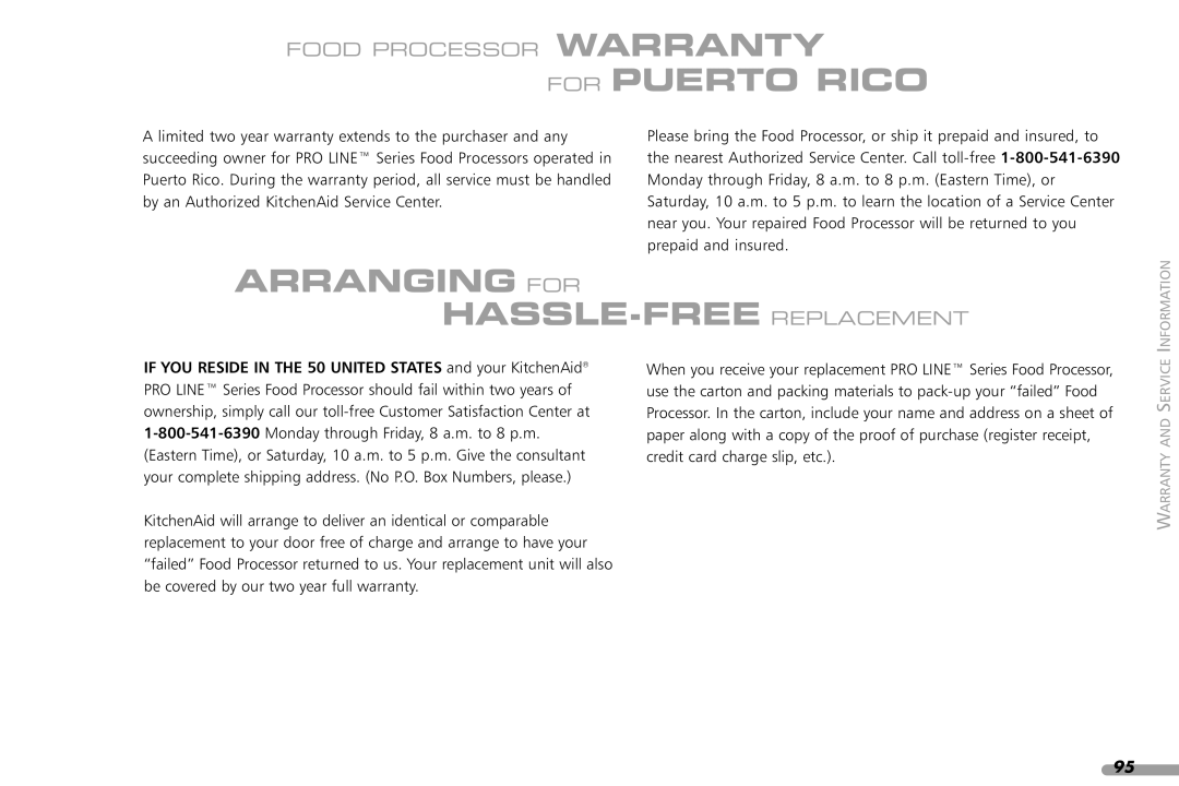 KitchenAid KPFP850, KFP1642CA manual For Puerto Rico, Arranging for HASSLE-FREE Replacement 