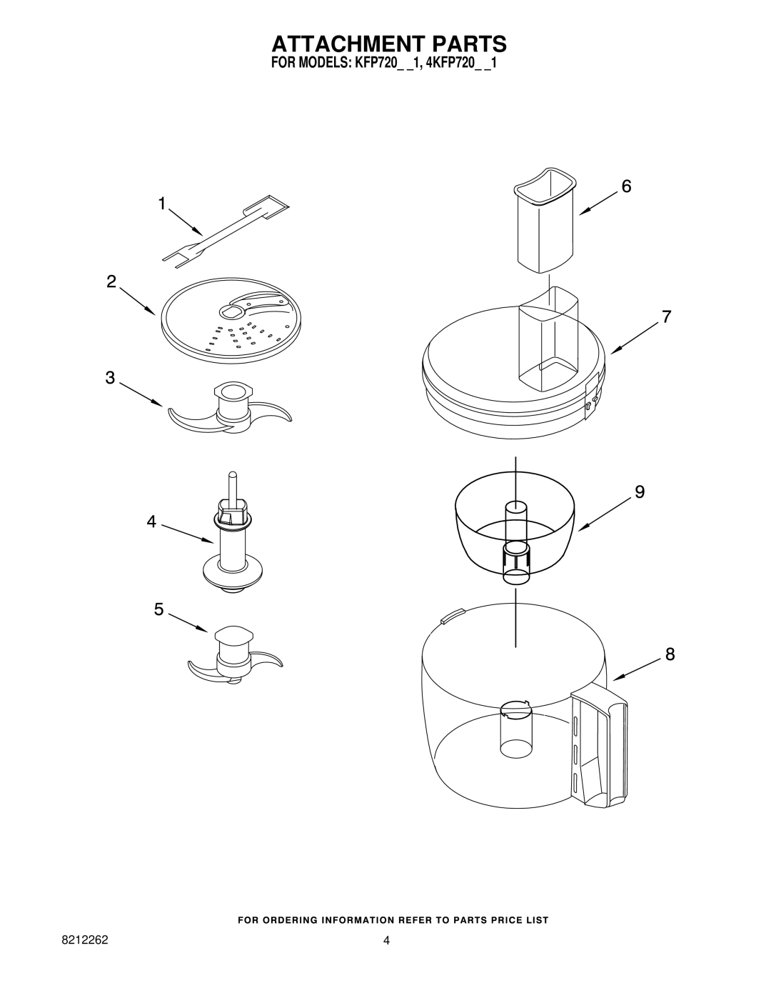 KitchenAid KFP720BW1, 4KFP720ER1, 4KFP720WH1, 4KFP720BU1, 4KFP720OB1 manual Attachment Parts 