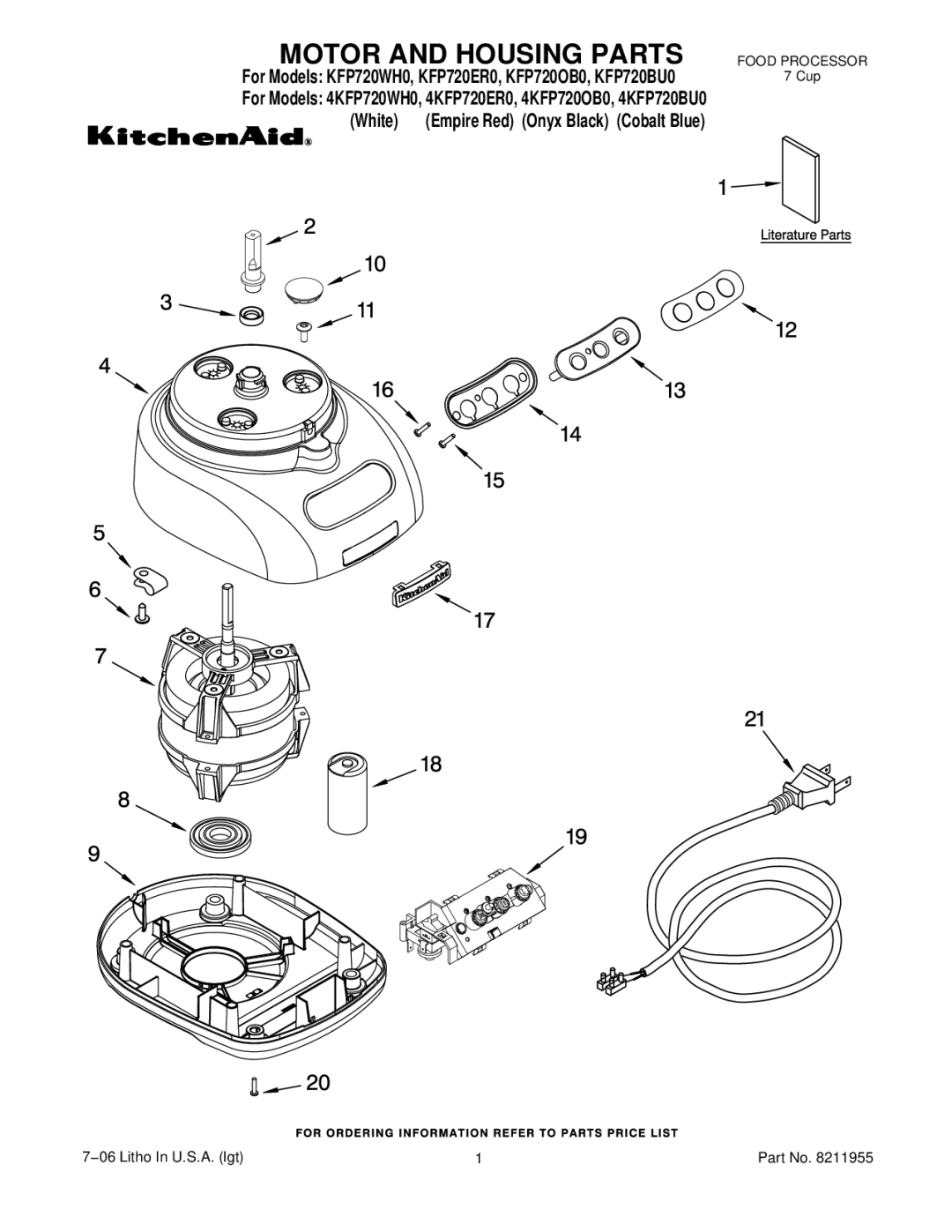 KitchenAid 4KFP720ER0, 4KFP720WH0, 4KFP720OB0, 4KFP720BU0 manual Motor and Housing Parts 