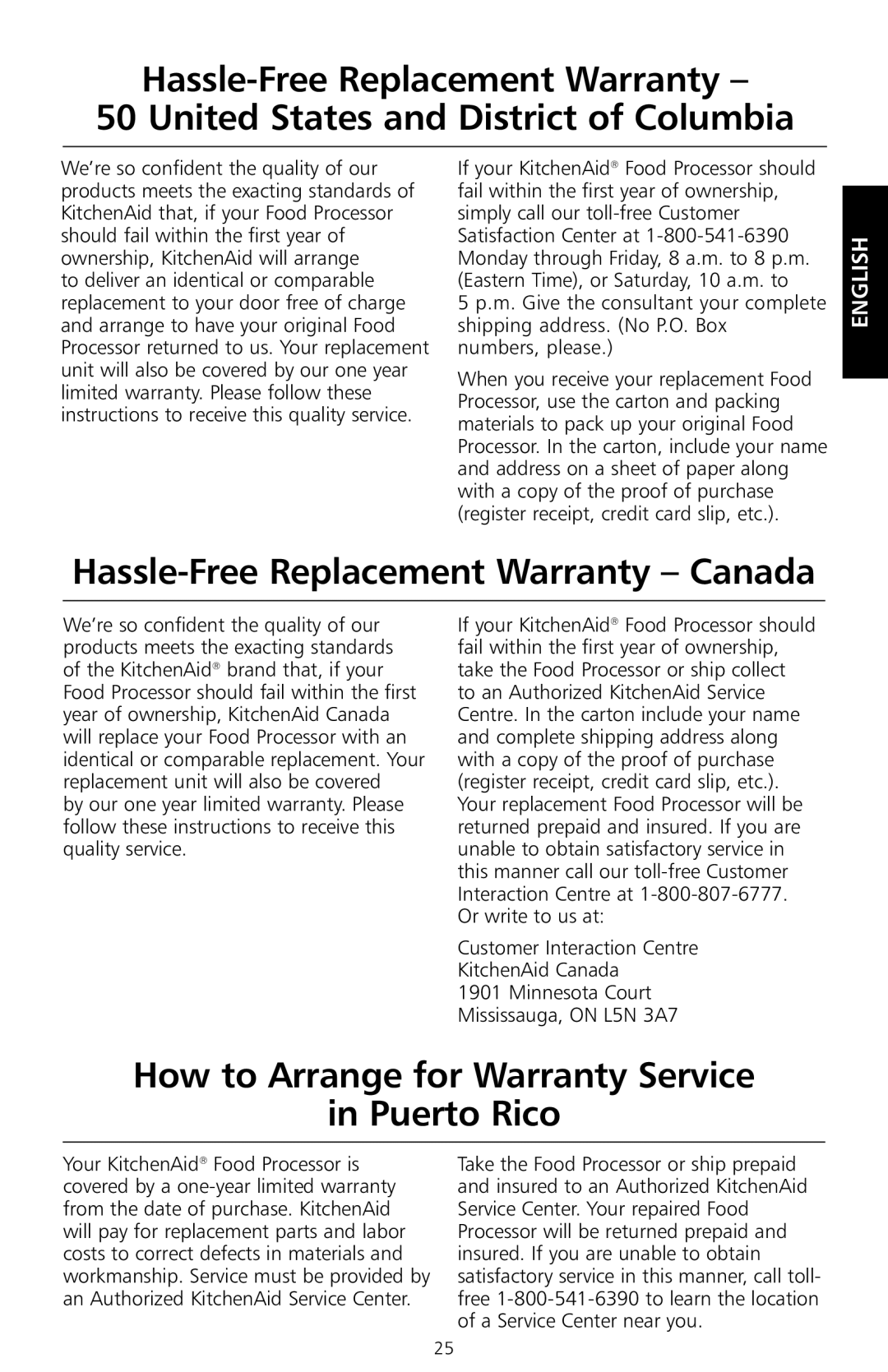 KitchenAid KFP715, KFP730, KFP720 Hassle-Free Replacement Warranty Canada, How to Arrange for Warranty Service Puerto Rico 