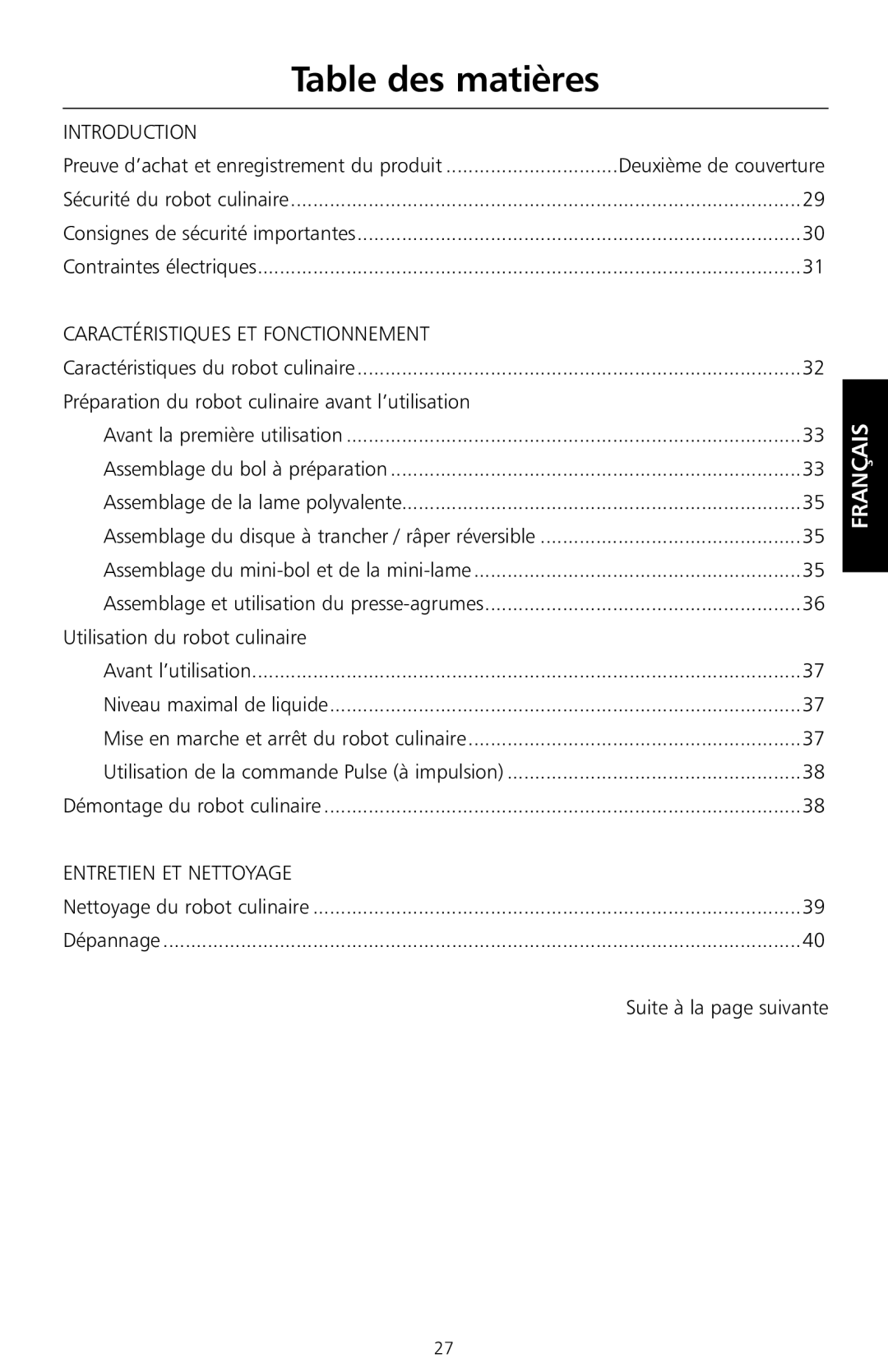 KitchenAid KFP720 Table des matières, Préparation du robot culinaire avant l’utilisation, Utilisation du robot culinaire 