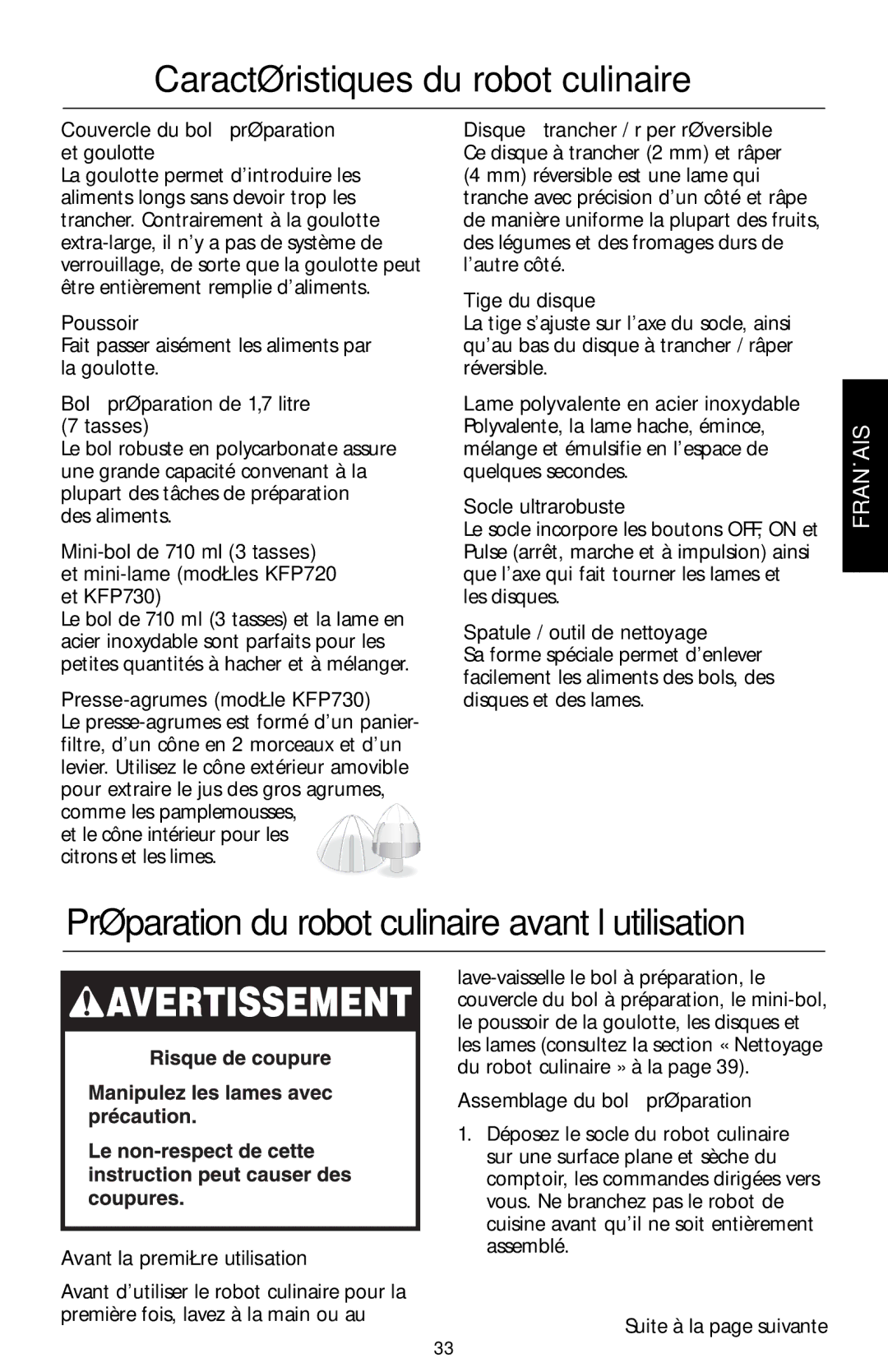 KitchenAid KFP715, KFP730, KFP720, KFP710 manual Préparation du robot culinaire avant l’utilisation 