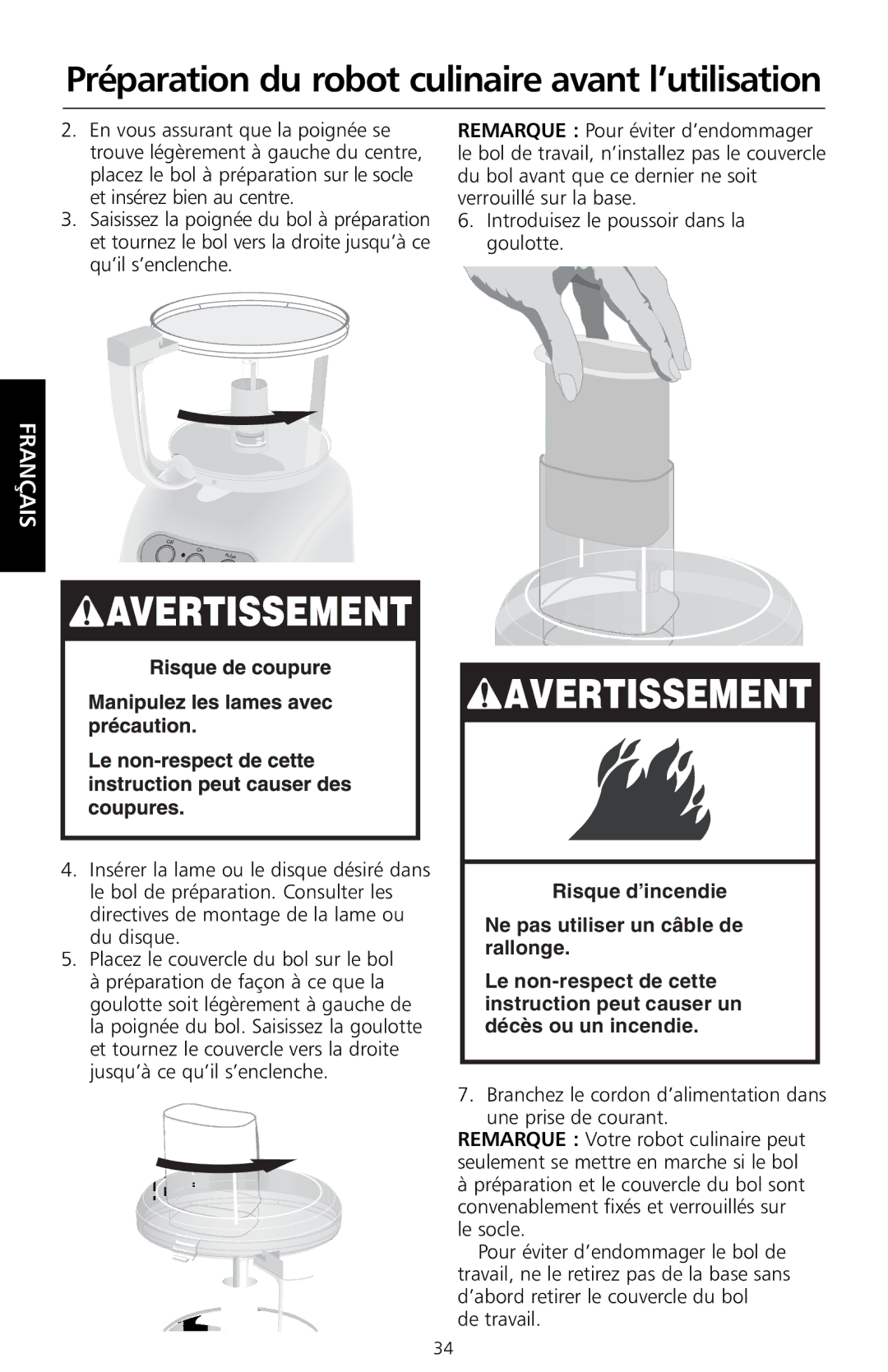 KitchenAid KFP730, KFP720, KFP710, KFP715 manual Branchez le cordon d’alimentation dans une prise de courant, De travail 