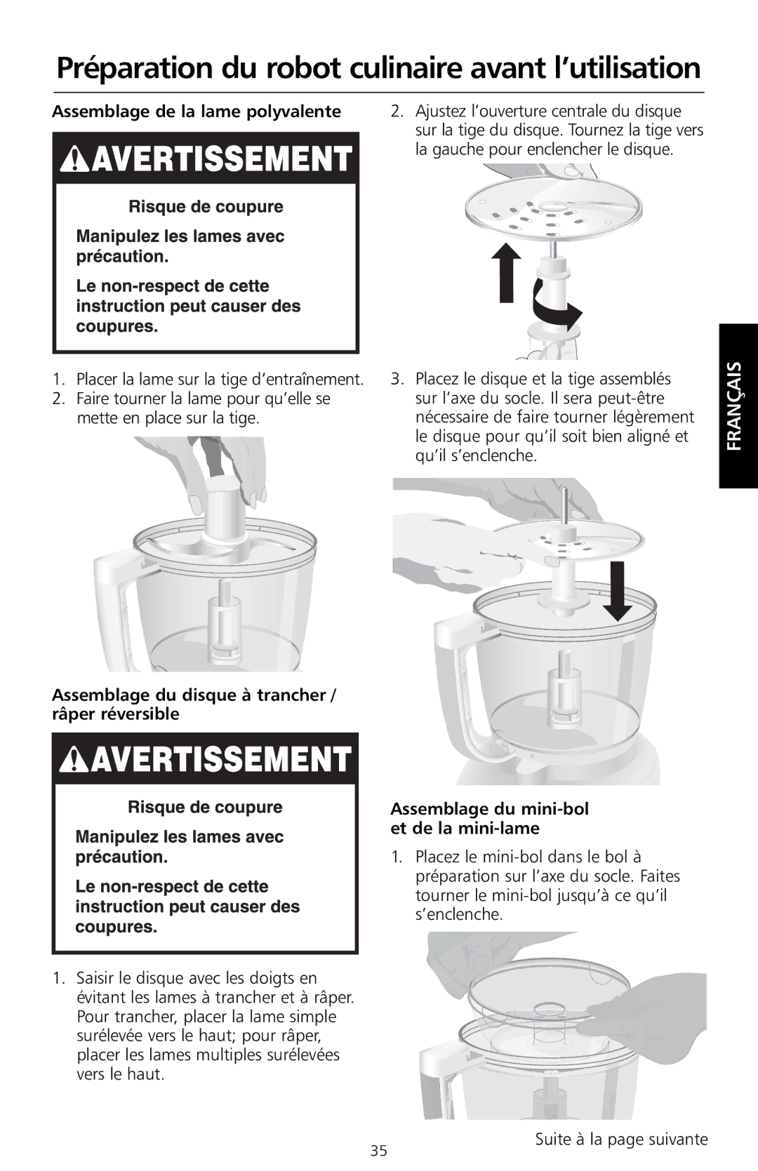 KitchenAid KFP720, KFP730 Assemblage de la lame polyvalente, Ajustez l’ouverture centrale du disque, Qu’il s’enclenche 