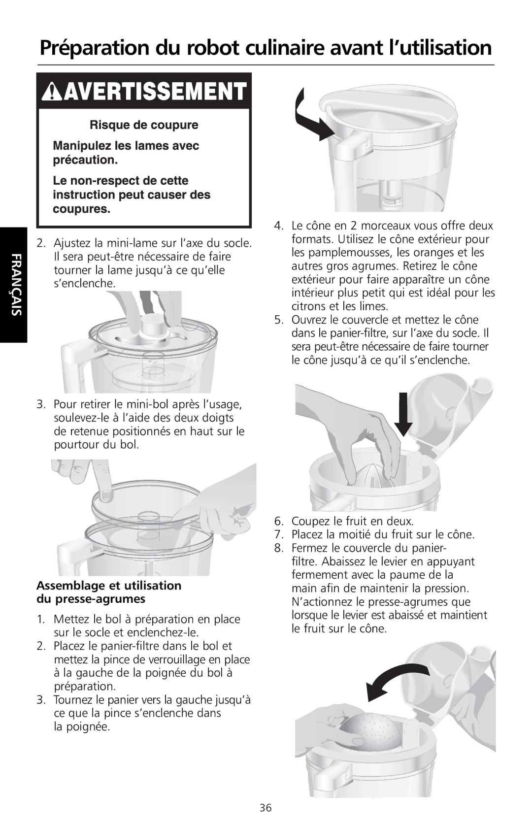 KitchenAid KFP710, KFP730, KFP720, KFP715 manual Assemblage et utilisation du presse-agrumes 